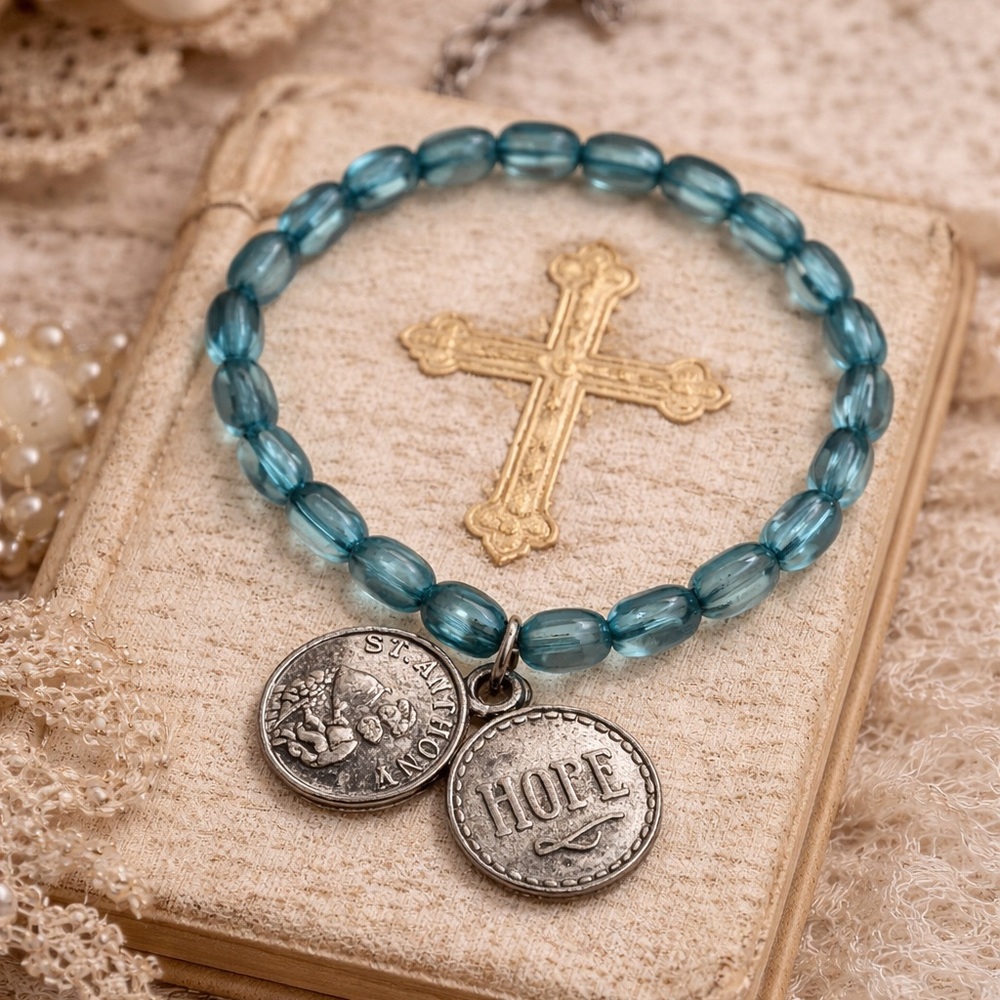 Sea Glass Colored Bead Stretch Bracelet Faith Hope St Anthony Pray Devotional